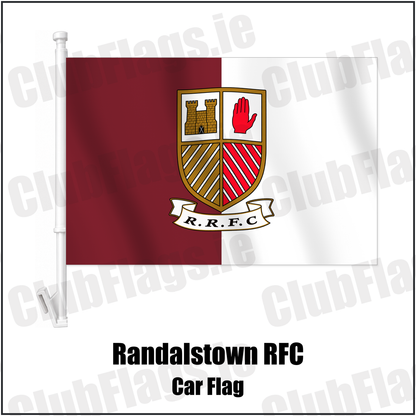 Randalstown RFC Car Flag with the verified club crest and colours, Antrim Rugby - ClubFlags.ie