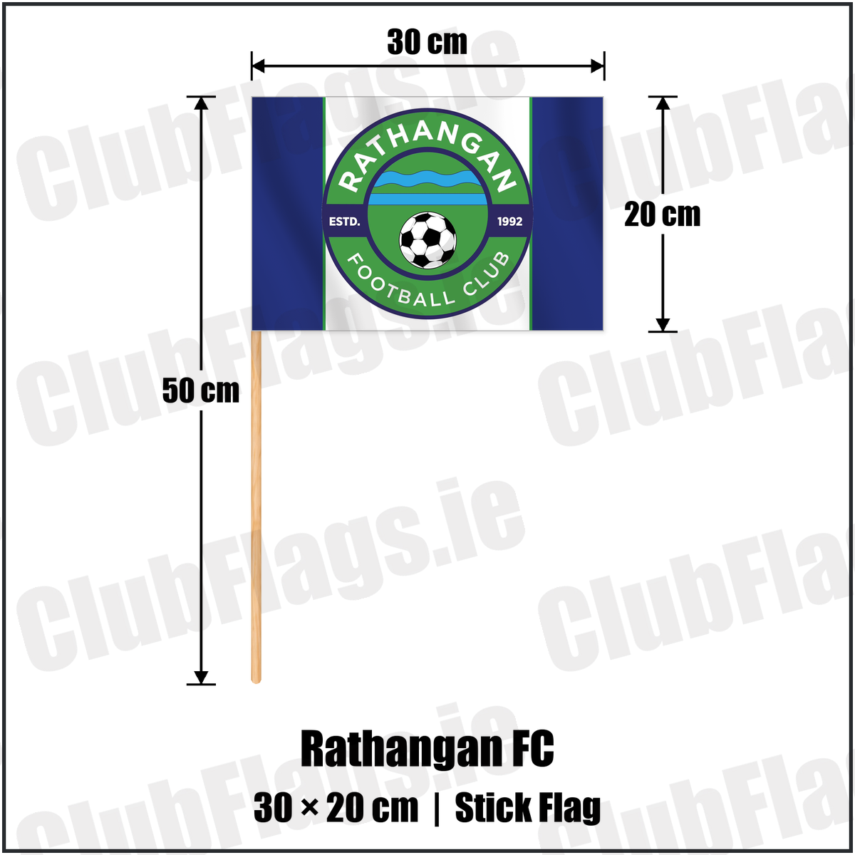 Rathangan FC 20cm x 30cm Stick Flag with the club crest and colours, Kildare Football - ClubFlags.ie