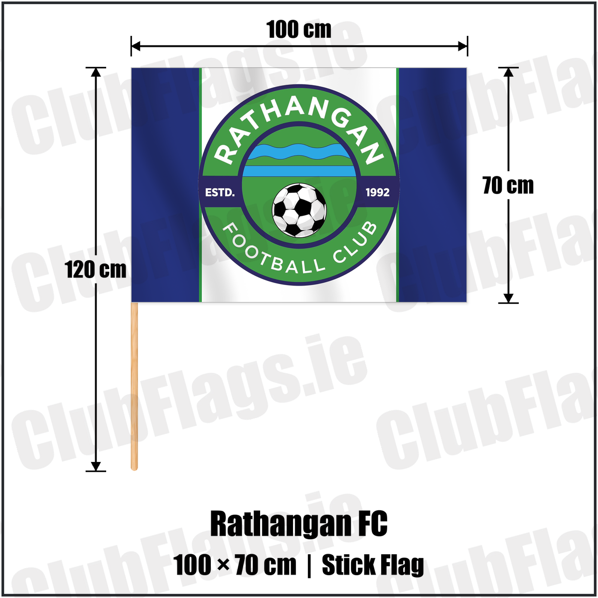 Rathangan FC 70cm x 100cm Stick Flag with the club crest and colours, Kildare Football - ClubFlags.ie