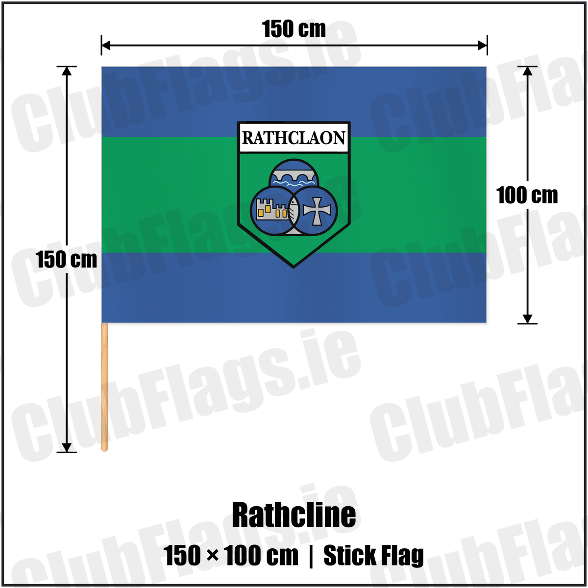 Rathcline 100cm x 150cm Stick Flag with the club crest and colours, Longford GAA - ClubFlags.ie