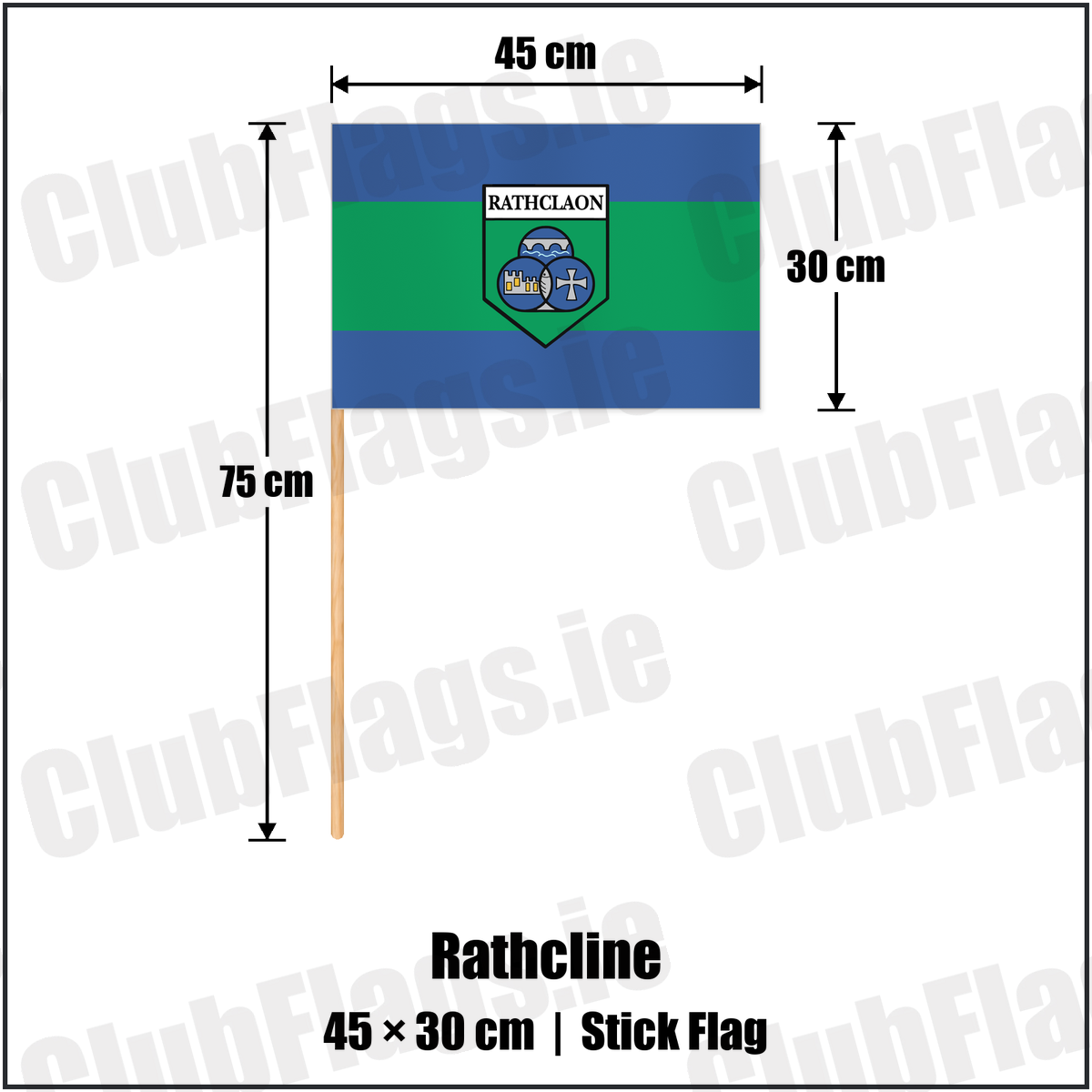 Rathcline 30cm x 45cm Stick Flag with the club crest and colours, Longford GAA - ClubFlags.ie
