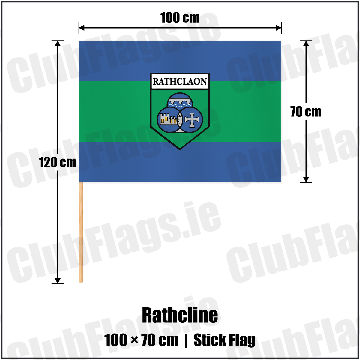 Rathcline 70cm x 100cm Stick Flag with the club crest and colours, Longford GAA - ClubFlags.ie