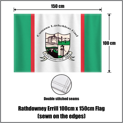 Rathdowney Errill 100cm x 150cm Flag (sewn on the edges), featuring the club crest and green and white and red colours; County Laois GAA. ClubFlags.ie.