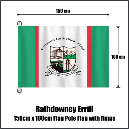 Rathdowney Errill 150cm x 100cm Flag Pole Flag with Rings, featuring the club crest and green and white and red colours; County Laois GAA. ClubFlags.ie.