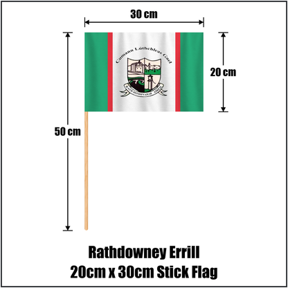 Rathdowney Errill 20cm x 30cm Stick Flag, featuring the club crest and green and white and red colours; County Laois GAA. ClubFlags.ie.
