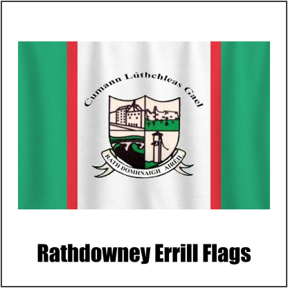 Rathdowney Errill Flags, featuring the club crest and green and white and red colours; County Laois GAA. ClubFlags.ie.