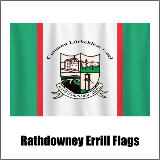 Rathdowney Errill Flags, featuring the club crest and green and white and red colours; County Laois GAA. ClubFlags.ie.