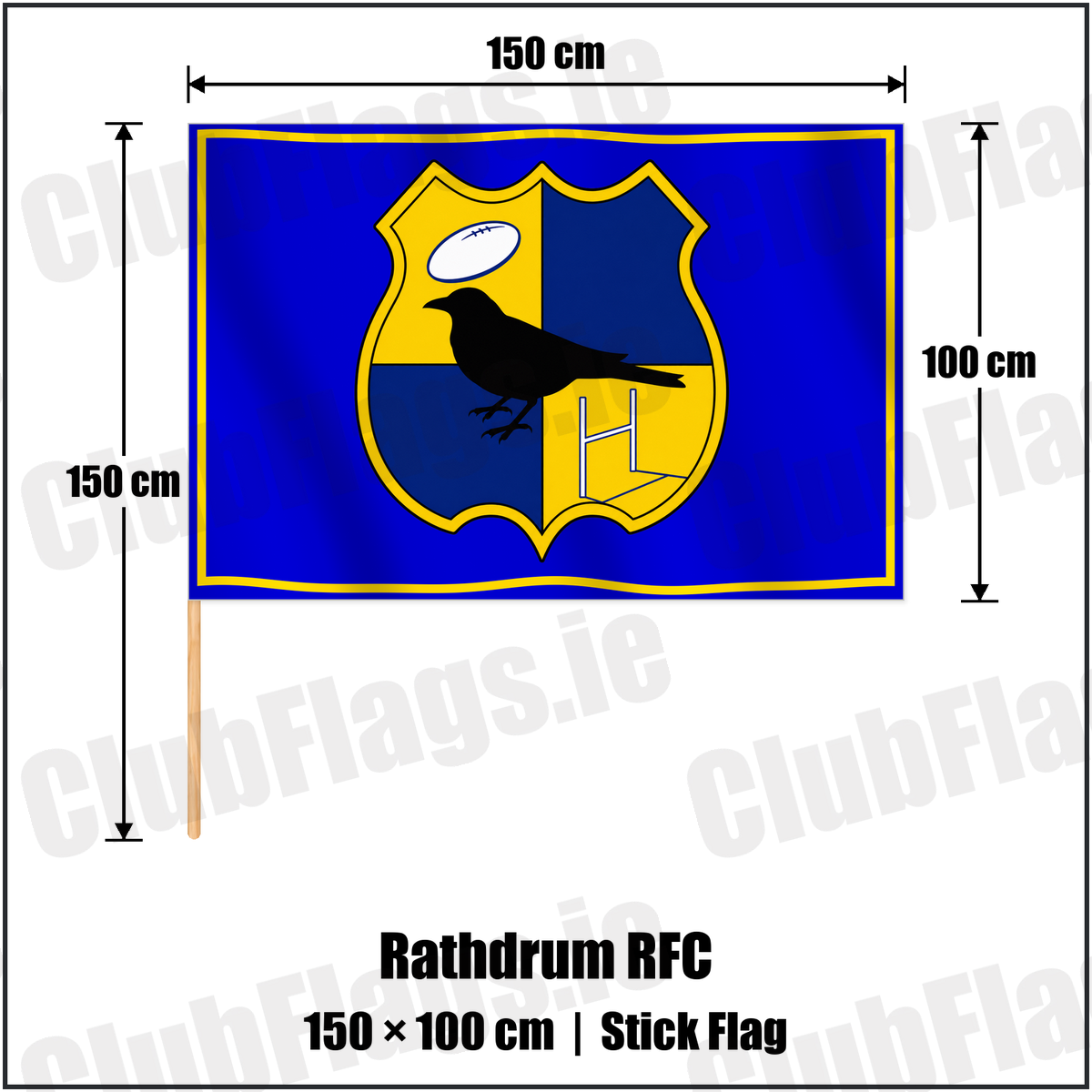 Rathdrum RFC 100cm x 150cm Stick Flag with the club crest and colours, Wicklow Rugby - ClubFlags.ie