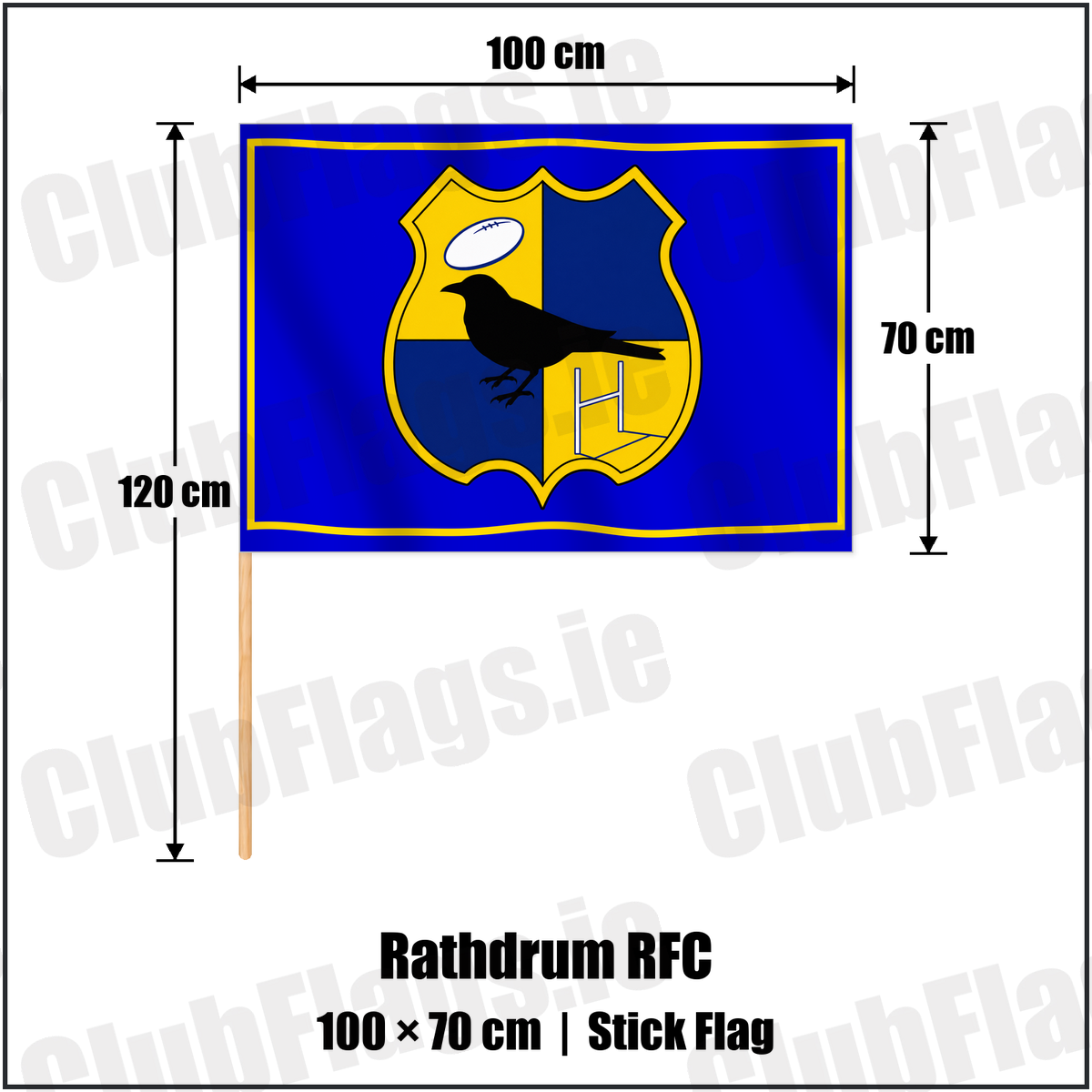 Rathdrum RFC 70cm x 100cm Stick Flag with the club crest and colours, Wicklow Rugby - ClubFlags.ie