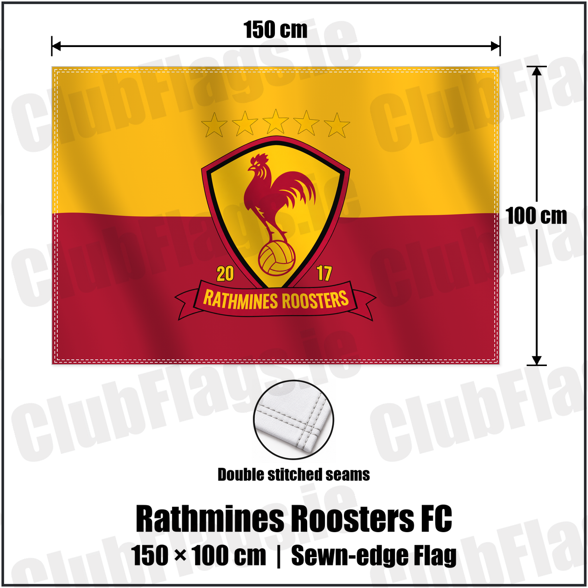 Rathmines Roosters FC 100cm x 150cm Flag (sewn on the edges) with the verified club crest and colours, Dublin Football - ClubFlags.ie