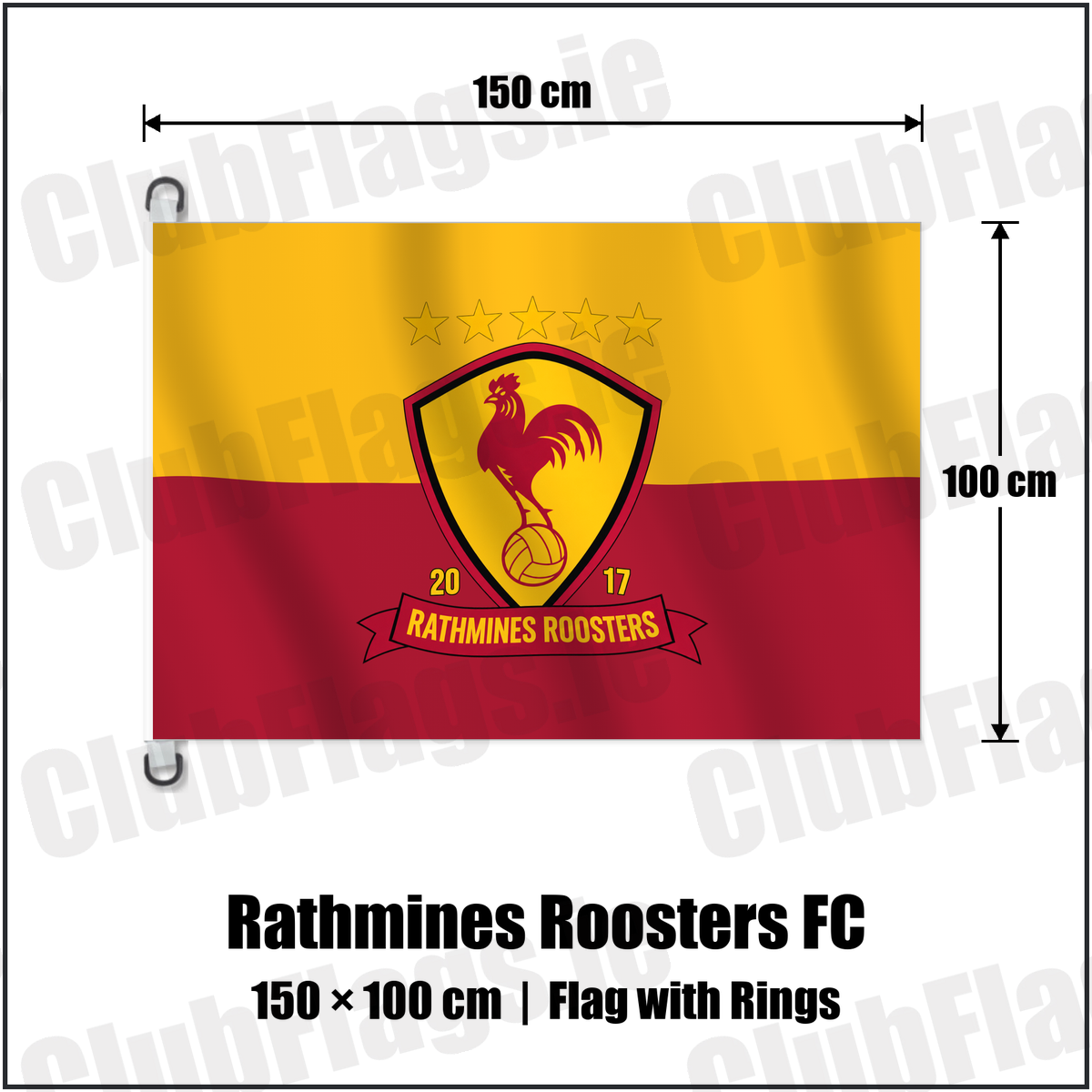 Rathmines Roosters FC 150cm x 100cm Flag Pole Flag with Rings with the verified club crest and colours, Dublin Football - ClubFlags.ie