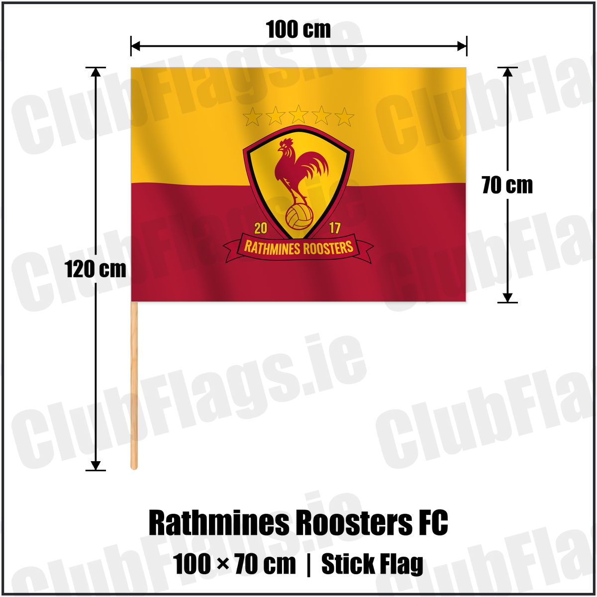 Rathmines Roosters FC 70cm x 100cm Stick Flag with the verified club crest and colours, Dublin Football - ClubFlags.ie