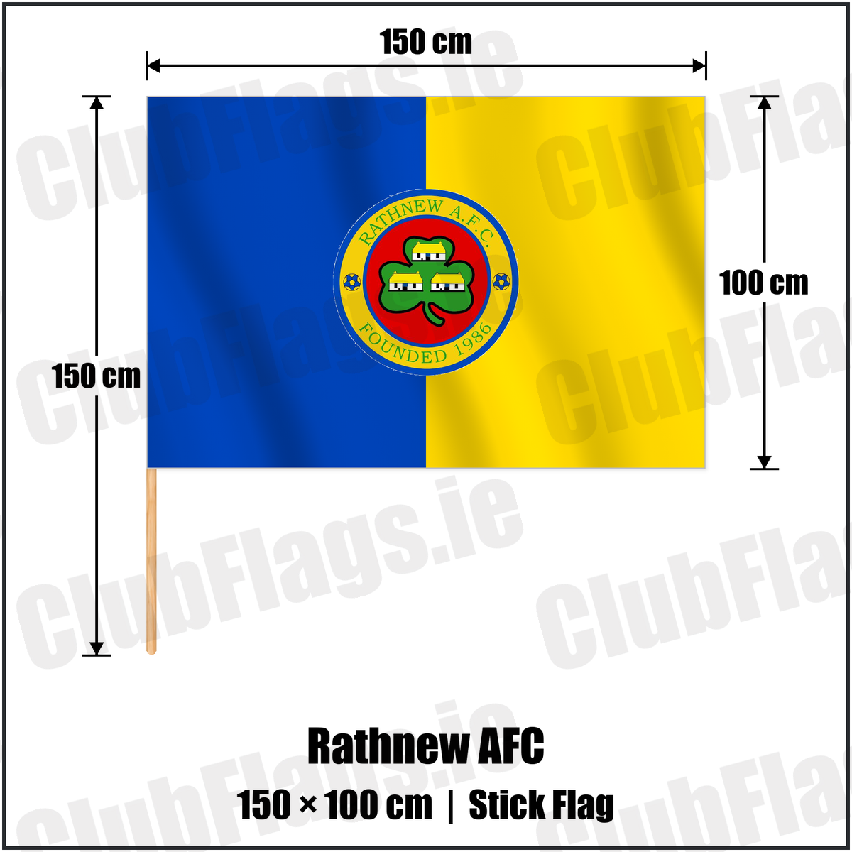 Rathnew AFC 100cm x 150cm Stick Flag with the club crest and colours, Wicklow Football - ClubFlags.ie
