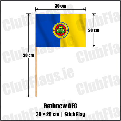 Rathnew AFC 20cm x 30cm Stick Flag with the club crest and colours, Wicklow Football - ClubFlags.ie
