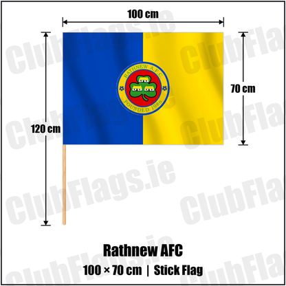 Rathnew AFC 70cm x 100cm Stick Flag with the club crest and colours, Wicklow Football - ClubFlags.ie