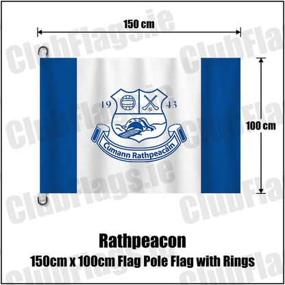Rathpeacon 150cm x 100cm Flag Pole Flag with Rings, featuring the club crest and blue and white colours; County Cork GAA. ClubFlags.ie.