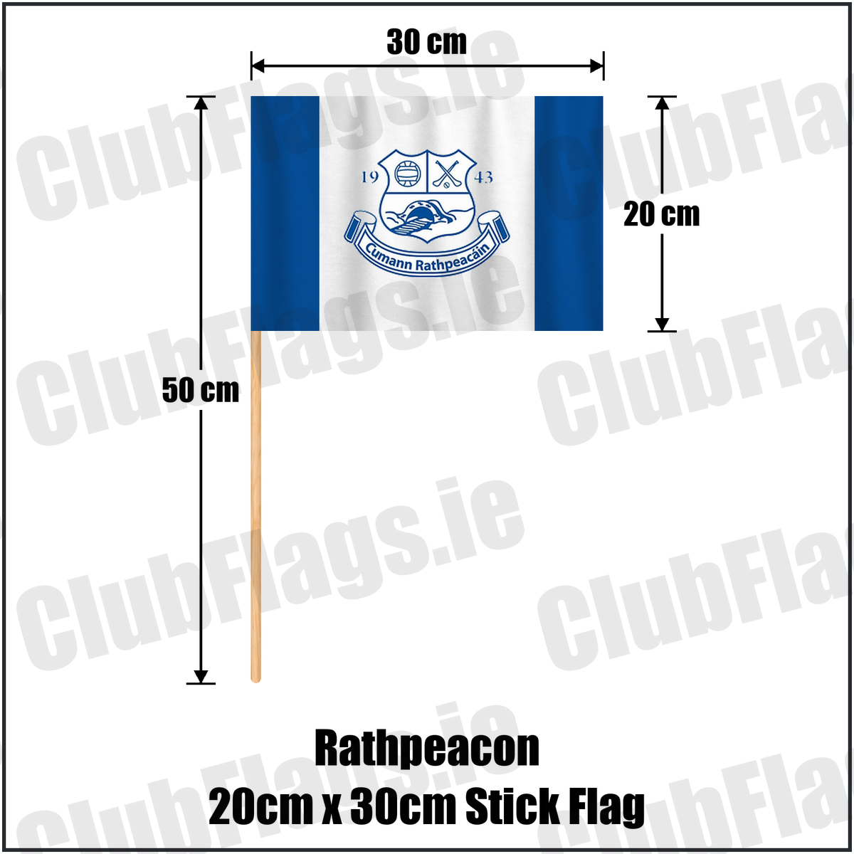 Rathpeacon 20cm x 30cm Stick Flag, featuring the club crest and blue and white colours; County Cork GAA. ClubFlags.ie.