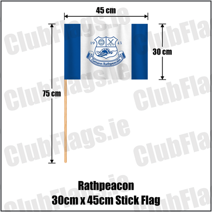 Rathpeacon 30cm x 45cm Stick Flag, featuring the club crest and blue and white colours; County Cork GAA. ClubFlags.ie.