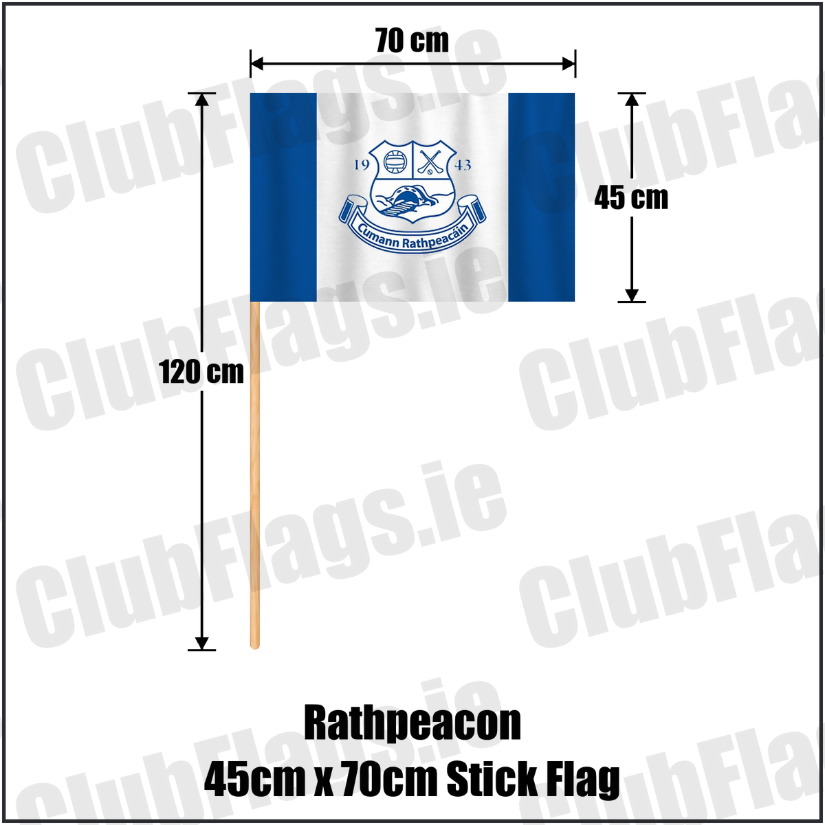 Rathpeacon 45cm x 70cm Stick Flag, featuring the club crest and blue and white colours; County Cork GAA. ClubFlags.ie.