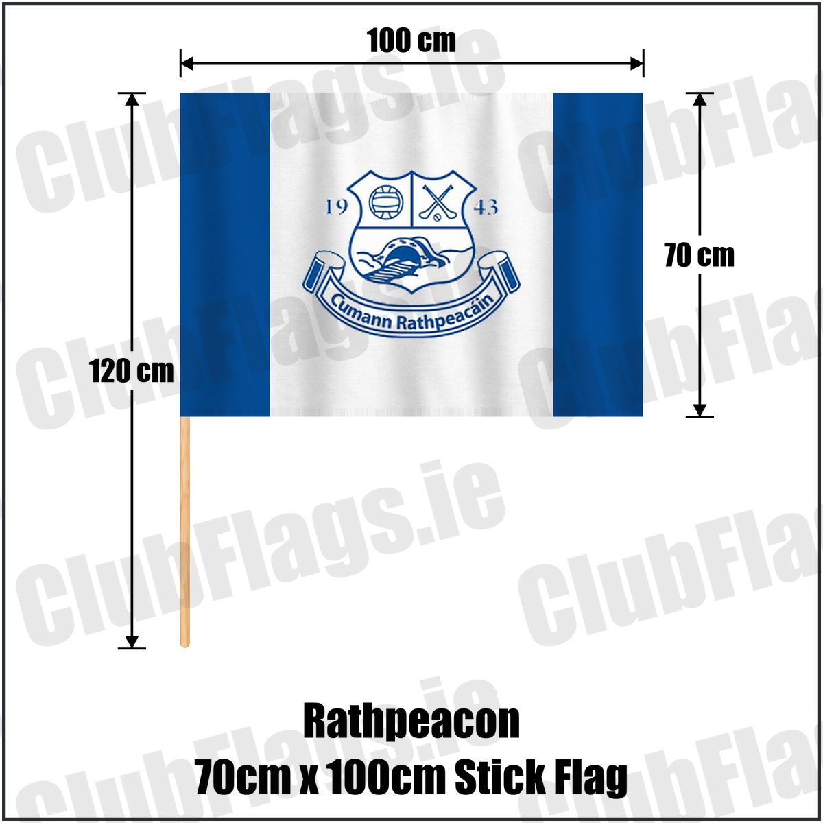 Rathpeacon 70cm x 100cm Stick Flag, featuring the club crest and blue and white colours; County Cork GAA. ClubFlags.ie.