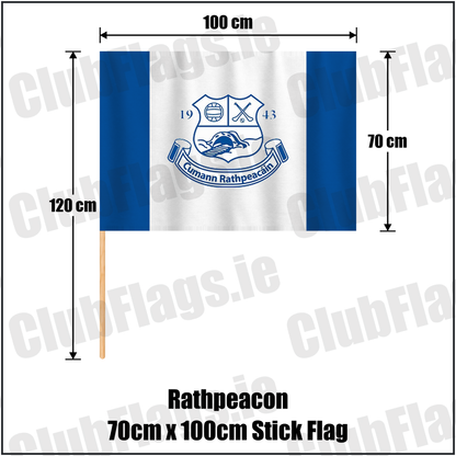 Rathpeacon 70cm x 100cm Stick Flag, featuring the club crest and blue and white colours; County Cork GAA. ClubFlags.ie.