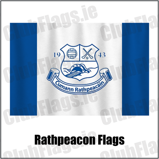 Rathpeacon Flags, featuring the club crest and blue and white colours; County Cork GAA. ClubFlags.ie.