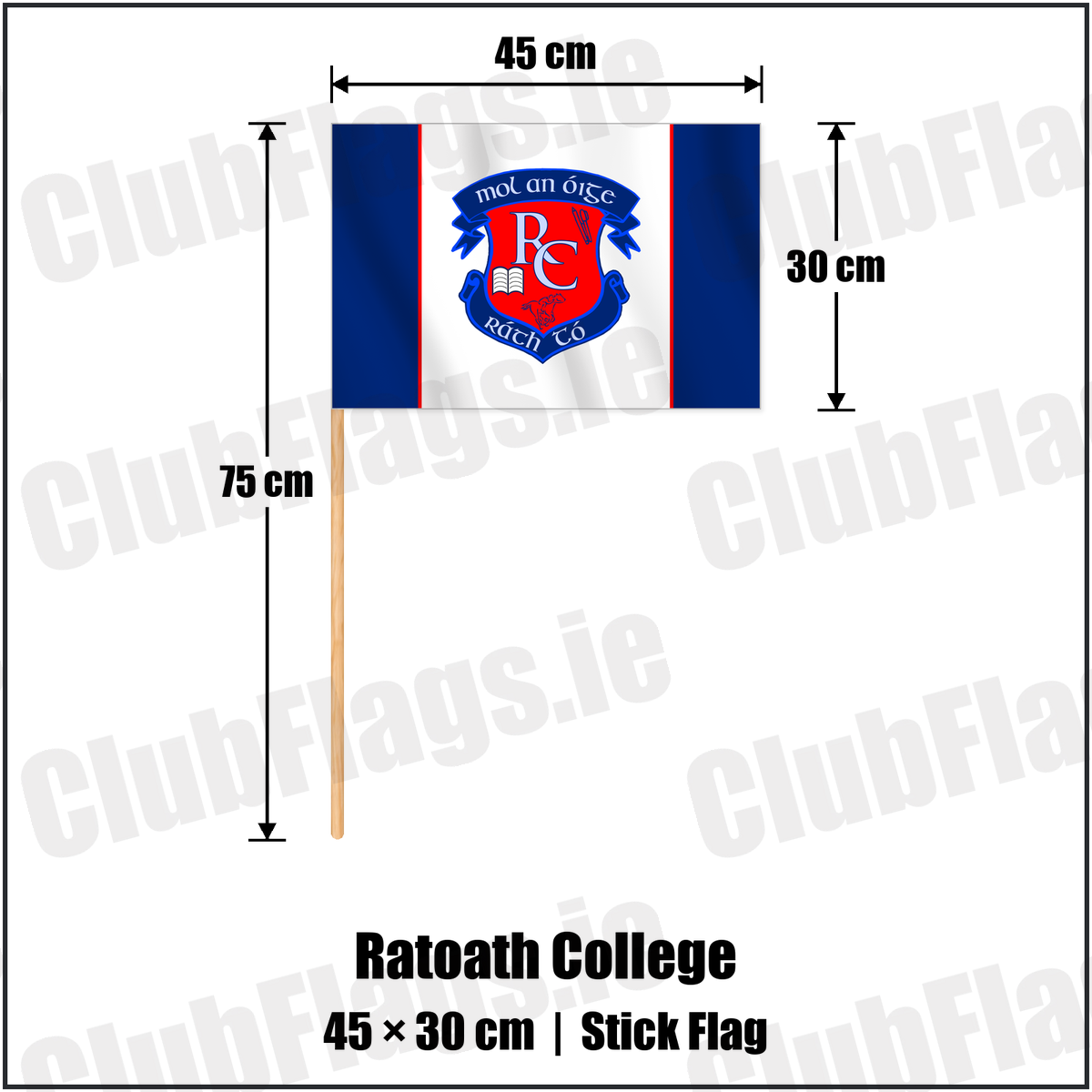 Ratoath College 30cm x 45cm Stick Flag with the club crest and colours, Meath GAA - ClubFlags.ie