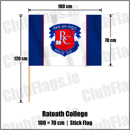 Ratoath College 70cm x 100cm Stick Flag with the club crest and colours, Meath GAA - ClubFlags.ie