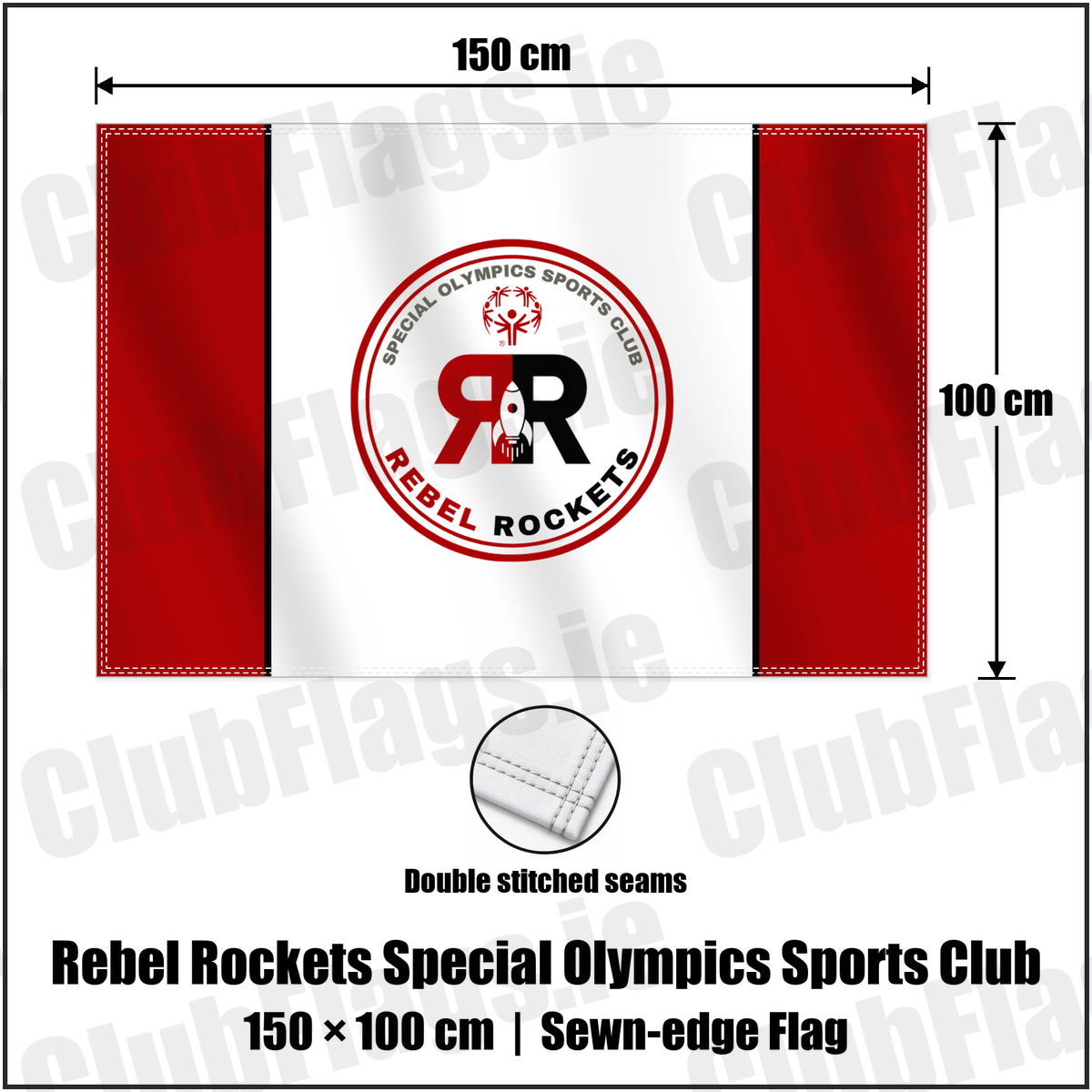 Rebel Rockets Special Olympics Sports Club 100cm x 150cm Flag (sewn on the edges) with the club crest and colours, Cork Basketball - ClubFlags.ie