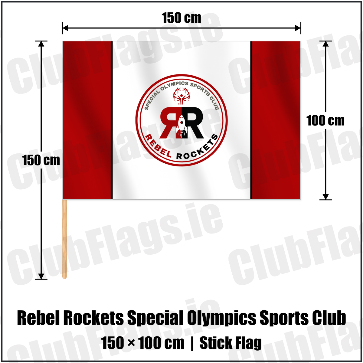 Rebel Rockets Special Olympics Sports Club 100cm x 150cm Stick Flag with the club crest and colours, Cork Basketball - ClubFlags.ie