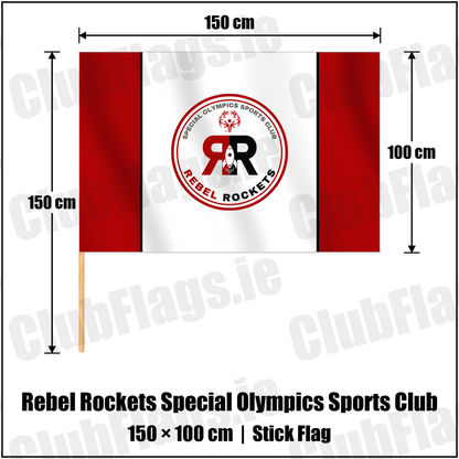 Rebel Rockets Special Olympics Sports Club 100cm x 150cm Stick Flag with the club crest and colours, Cork Basketball - ClubFlags.ie