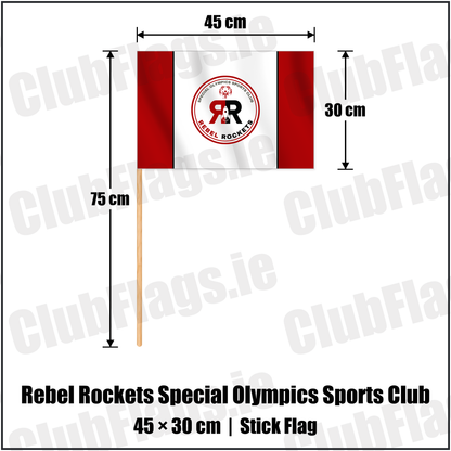 Rebel Rockets Special Olympics Sports Club 30cm x 45cm Stick Flag with the club crest and colours, Cork Basketball - ClubFlags.ie