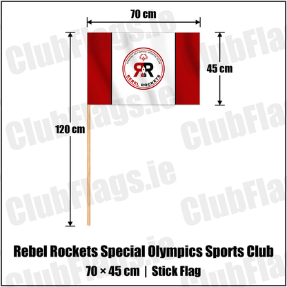 Rebel Rockets Special Olympics Sports Club 45cm x 70cm Stick Flag with the club crest and colours, Cork Basketball - ClubFlags.ie