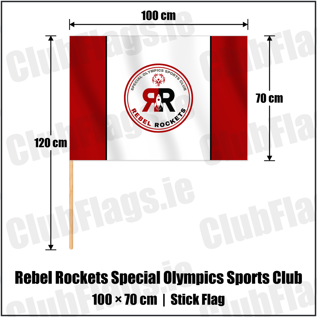 Rebel Rockets Special Olympics Sports Club 70cm x 100cm Stick Flag with the club crest and colours, Cork Basketball - ClubFlags.ie