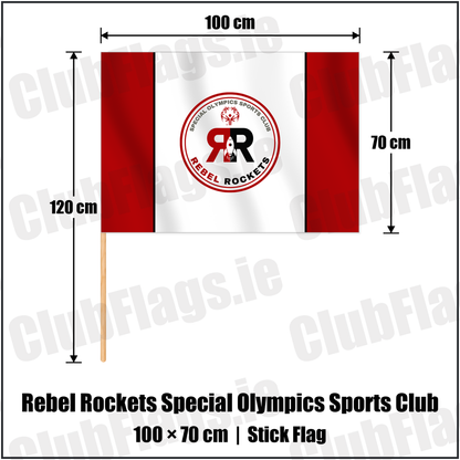 Rebel Rockets Special Olympics Sports Club 70cm x 100cm Stick Flag with the club crest and colours, Cork Basketball - ClubFlags.ie