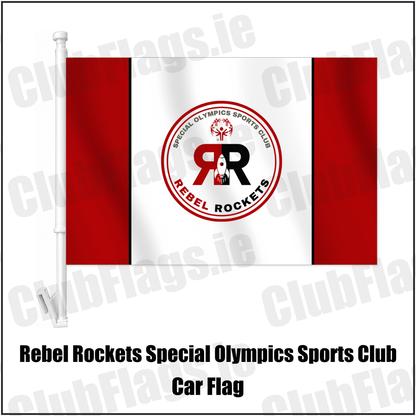 Rebel Rockets Special Olympics Sports Club Car Flag with the club crest and colours, Cork Basketball - ClubFlags.ie