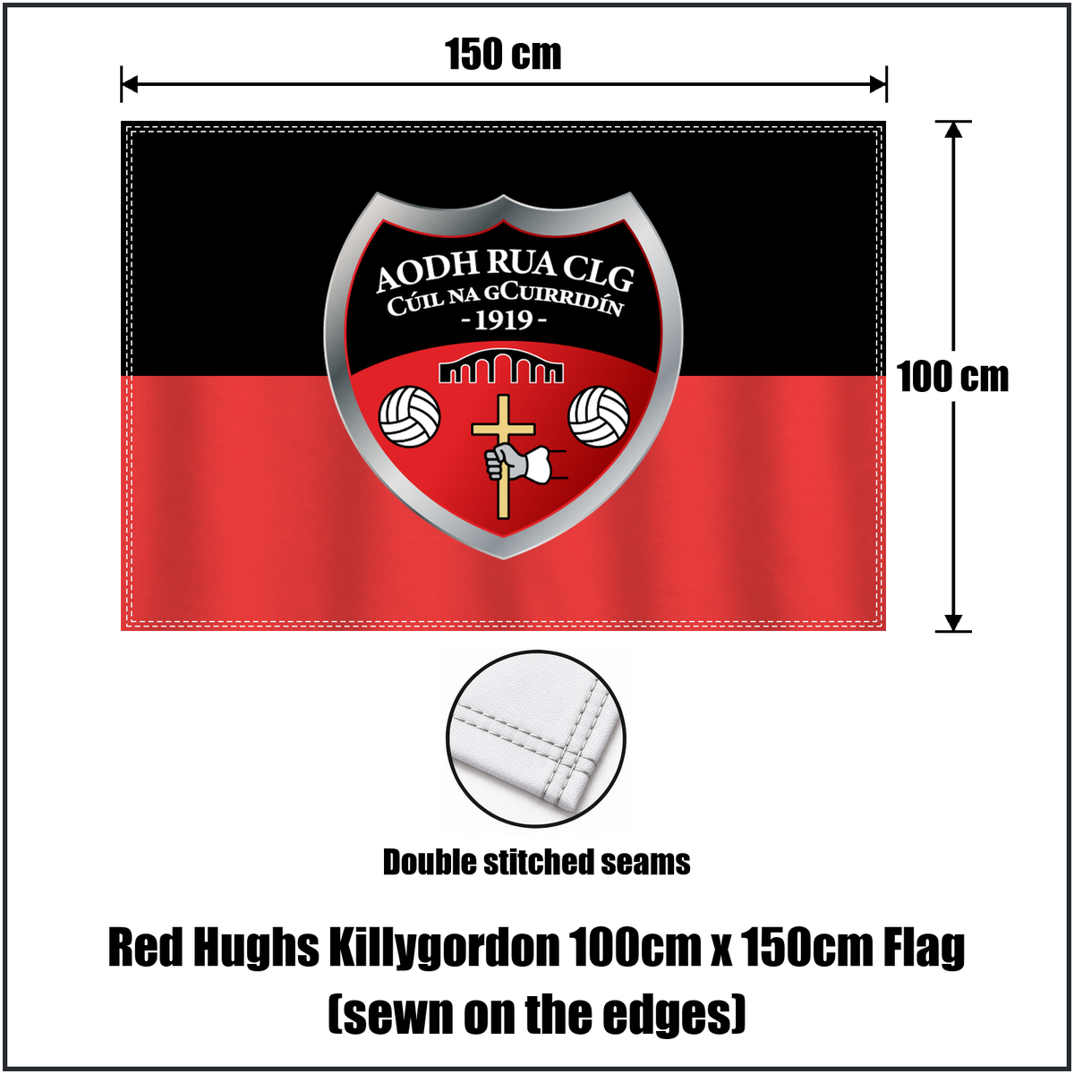 Red Hughs Killygordon 100cm x 150cm Flag (sewn on the edges), featuring the club crest and red and black colours; County Donegal GAA. ClubFlags.ie.