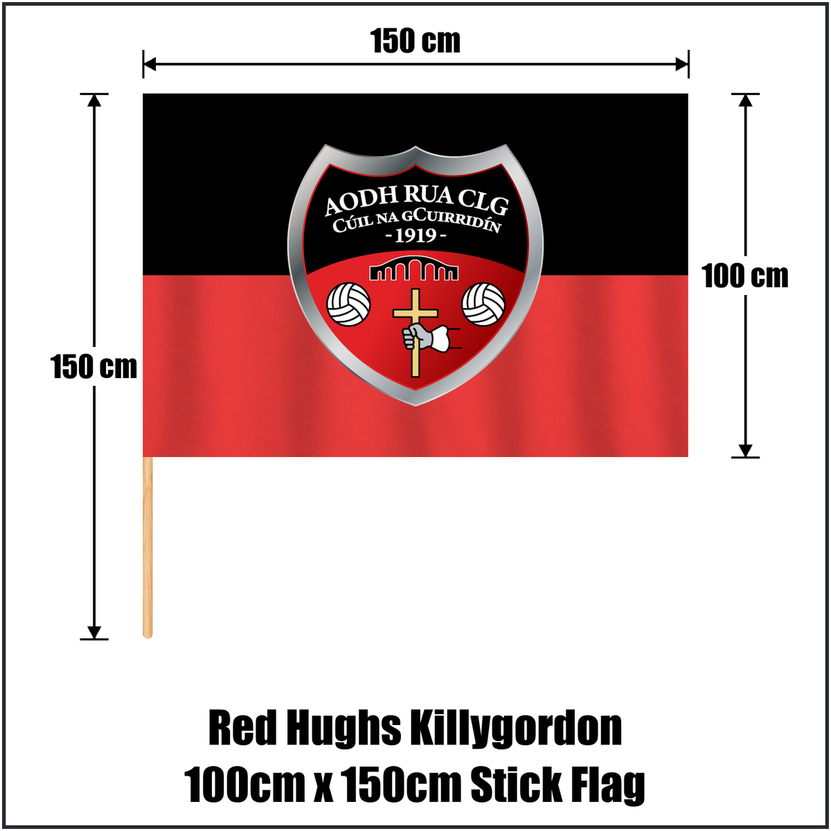 Red Hughs Killygordon 100cm x 150cm Stick Flag, featuring the club crest and red and black colours; County Donegal GAA. ClubFlags.ie.