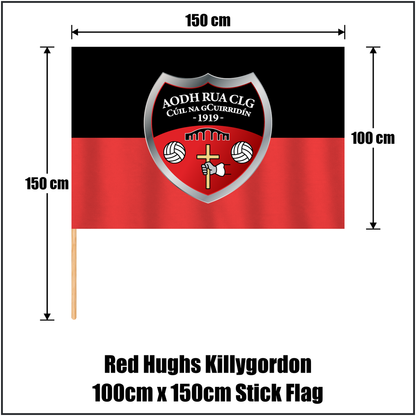 Red Hughs Killygordon 100cm x 150cm Stick Flag, featuring the club crest and red and black colours; County Donegal GAA. ClubFlags.ie.