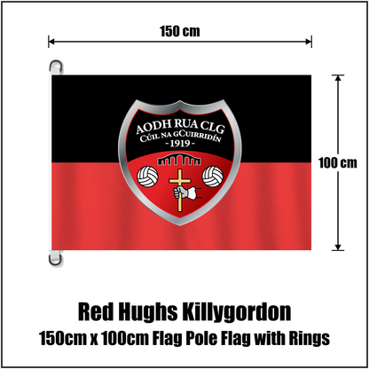 Red Hughs Killygordon 150cm x 100cm Flag Pole Flag with Rings, featuring the club crest and red and black colours; County Donegal GAA. ClubFlags.ie.