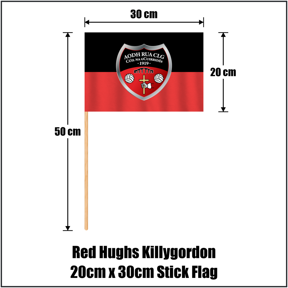 Red Hughs Killygordon 20cm x 30cm Stick Flag, featuring the club crest and red and black colours; County Donegal GAA. ClubFlags.ie.