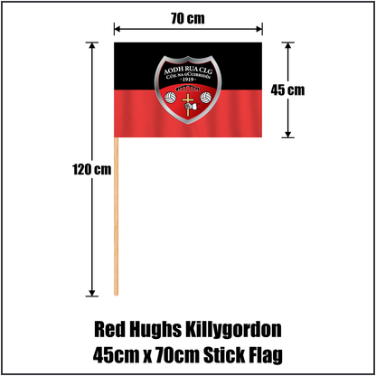Red Hughs Killygordon 45cm x 70cm Stick Flag, featuring the club crest and red and black colours; County Donegal GAA. ClubFlags.ie.