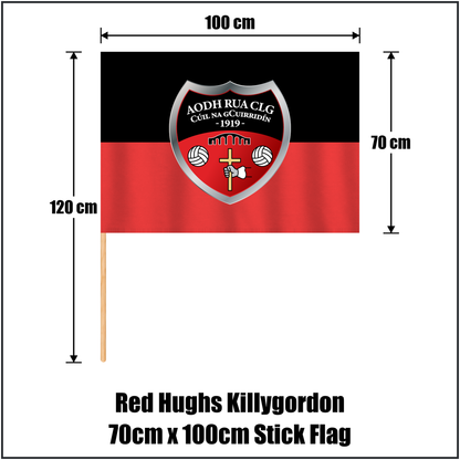 Red Hughs Killygordon 70cm x 100cm Stick Flag, featuring the club crest and red and black colours; County Donegal GAA. ClubFlags.ie.