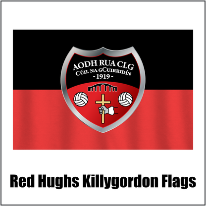 Red Hughs Killygordon Flags, featuring the club crest and red and black colours; County Donegal GAA. ClubFlags.ie.