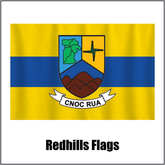 Redhills Flags, featuring the club crest and yellow and blue colours; County Cavan GAA. ClubFlags.ie.