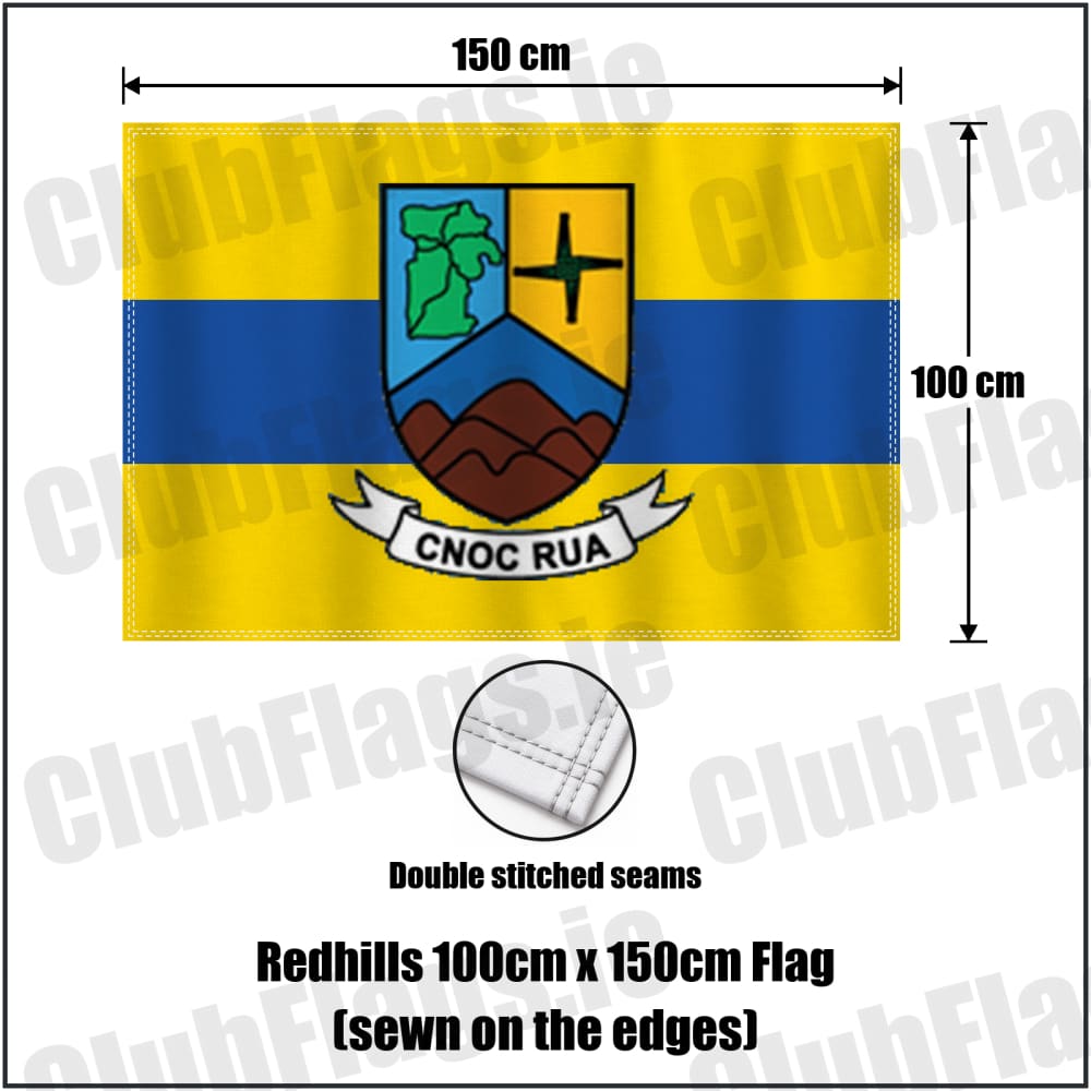 Redhills 100cm x 150cm Flag (sewn on the edges) in yellow and blue, featuring the club crest on realistic fabric with gentle vertical folds; County Cavan GAA. ClubFlags.ie.