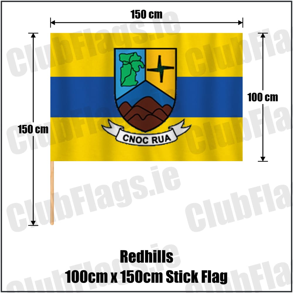 Redhills 100cm x 150cm Stick Flag in yellow and blue, featuring the club crest on realistic fabric with gentle vertical folds; County Cavan GAA. ClubFlags.ie.