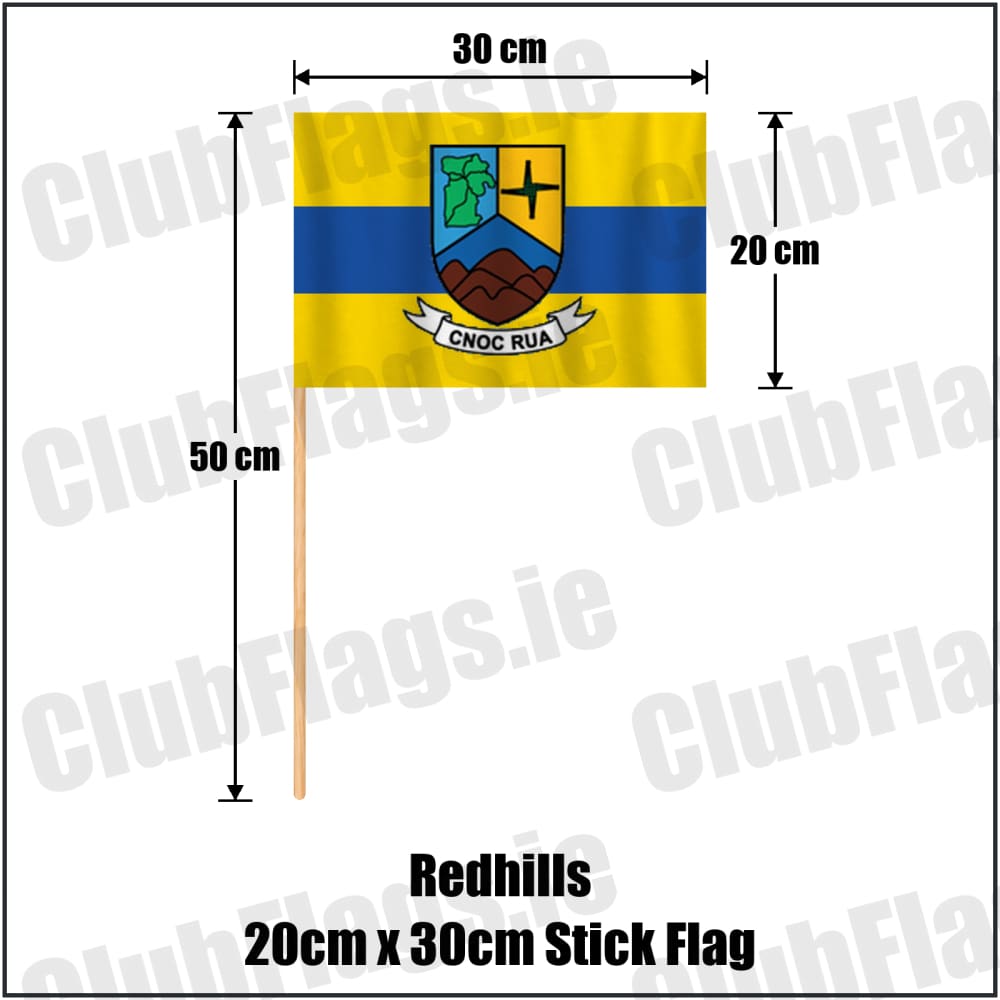 Redhills 20cm x 30cm Stick Flag in yellow and blue, featuring the club crest on realistic fabric with gentle vertical folds; County Cavan GAA. ClubFlags.ie.