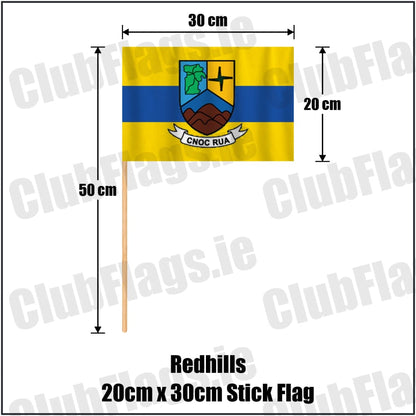 Redhills 20cm x 30cm Stick Flag in yellow and blue, featuring the club crest on realistic fabric with gentle vertical folds; County Cavan GAA. ClubFlags.ie.