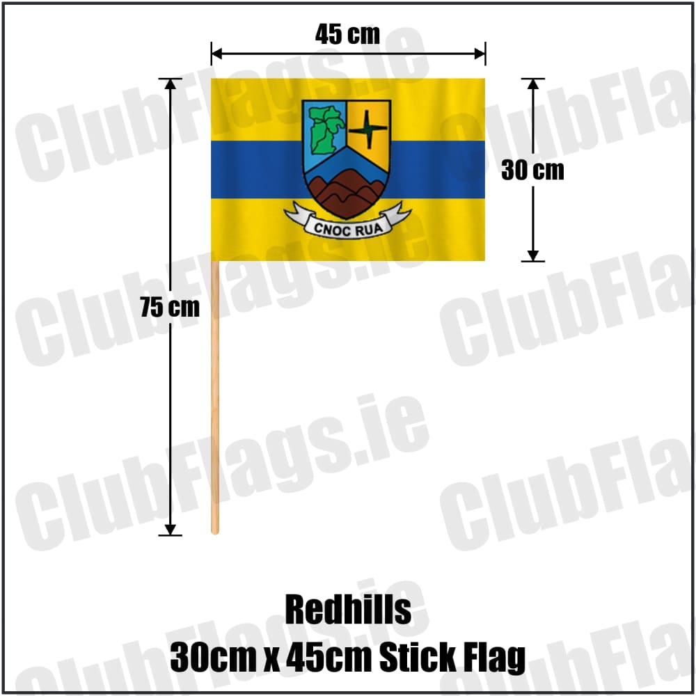 Redhills 30cm x 45cm Stick Flag in yellow and blue, featuring the club crest on realistic fabric with gentle vertical folds; County Cavan GAA. ClubFlags.ie.